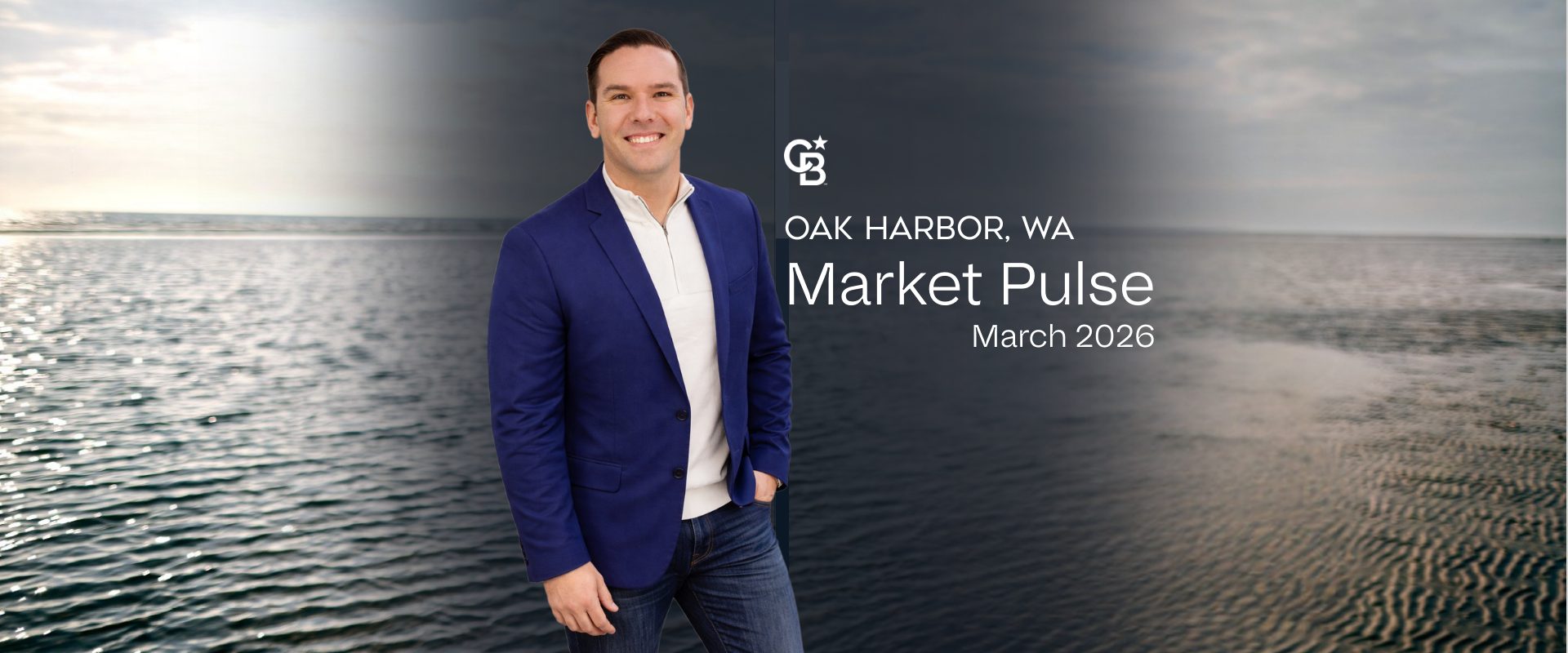 Coldwell Banker 360 Team March 2026 Oak Harbor Market Pulse update featuring a real estate broker against a Whidbey Island waterfront background.